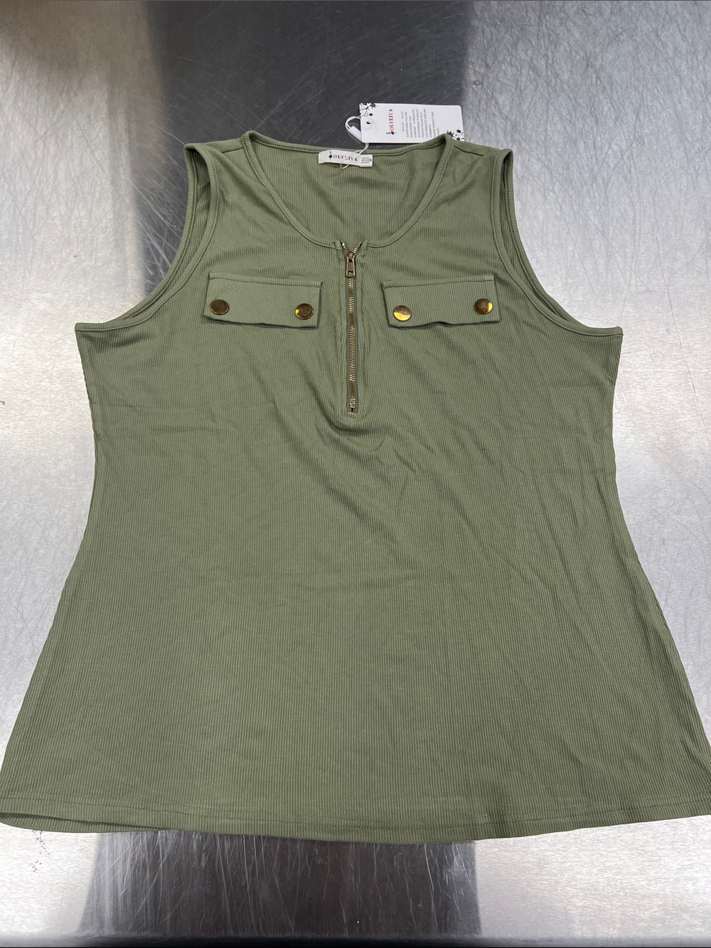 OUFEIVA Ribbed Olive Tank with Front Zip and Snap Faux Pockets Women’s 12